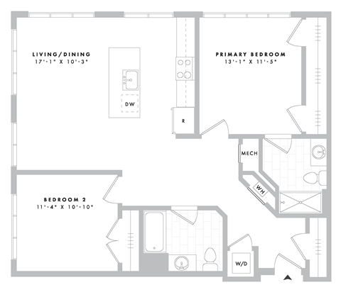 Floor plan for 2 beds, 2 baths, 1054 sqft